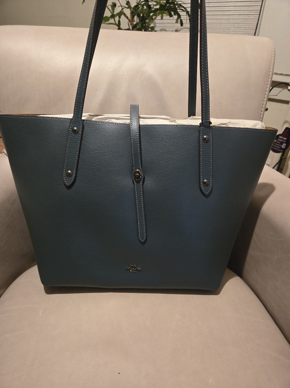 Coach Pebbled Leather Tote in Teal Blue